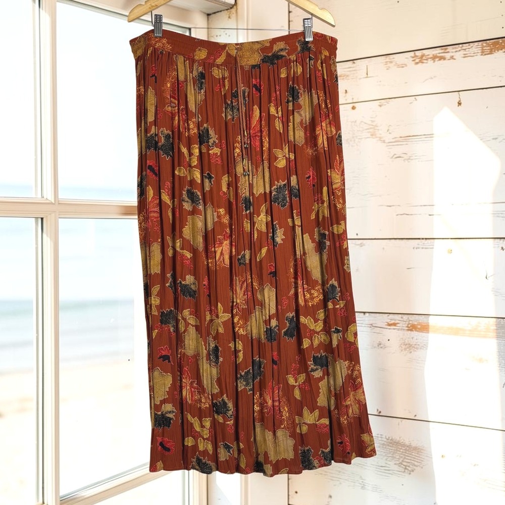 Vintage Broomstick Long Skirt S/M/L/XL Rust Orange Rayon Leaf Drawstring Earthy